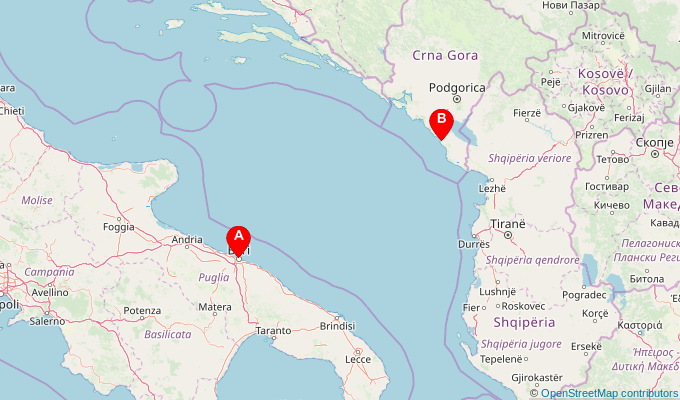 Map of ferry route between Bari and Bar (Montenegro)
